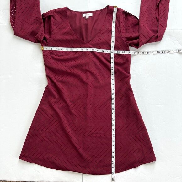 Candies Y2K Shift Burgundy Laser Cut Lined Mini Dress Slit Long Sleeves Size S - Picture 10 of 11